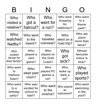 Year 7 Holiday Bingo Card