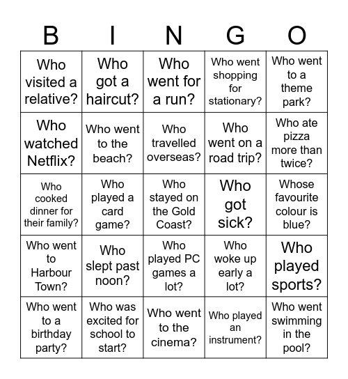 Year 7 Holiday Bingo Card