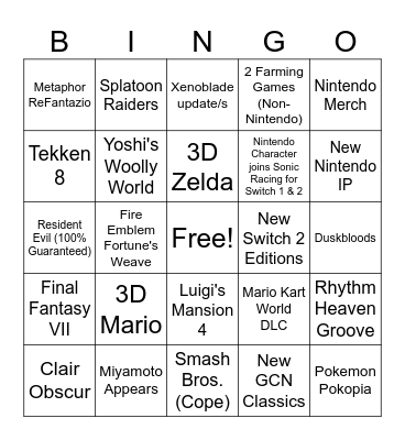 Nintendo Direct 2026 Feb Bingo Card