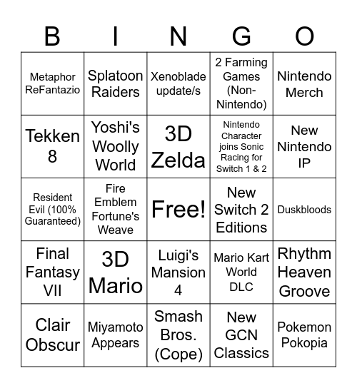 Nintendo Direct 2026 Feb Bingo Card