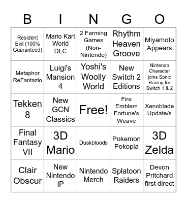 Nintendo Direct 2026 Direct Bingo Card