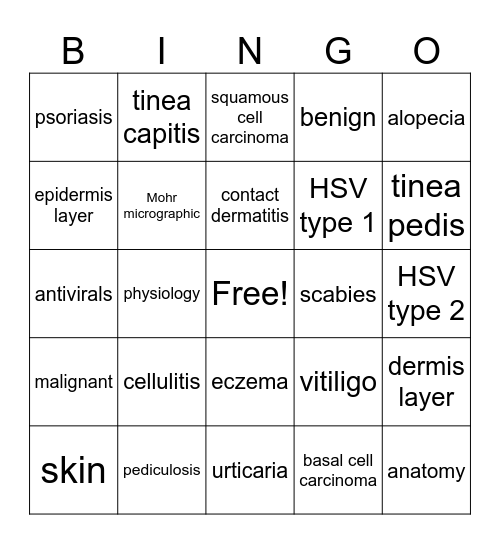 Integumentary system Bingo Card