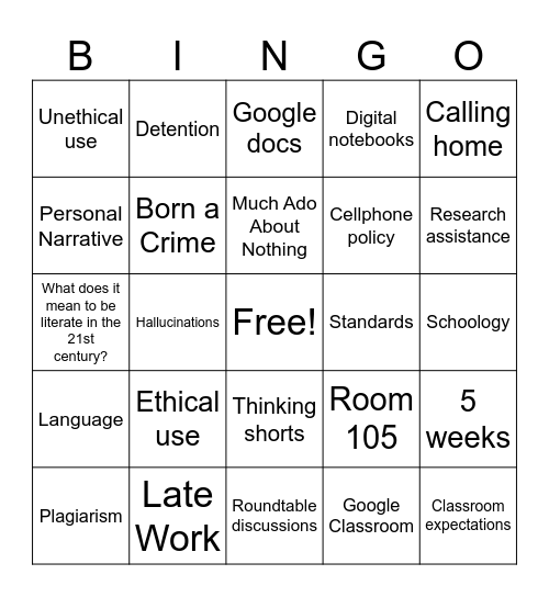 Syllabus/ AI Letter Bingo Card