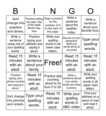 Homework Bingo- Group 2 (1/3) Bingo Card