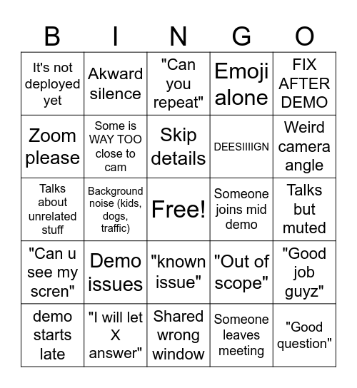 Sprint Demo Bingo Card