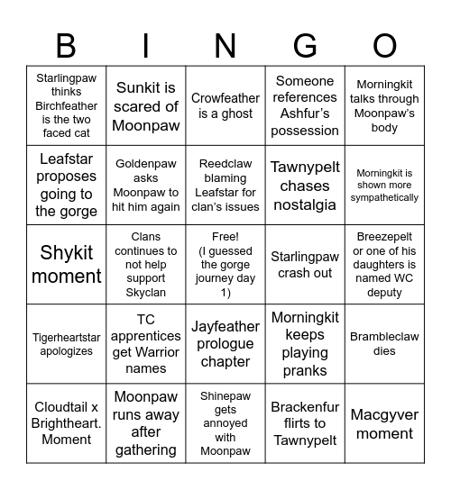 Chasing Shadows Predictions Bingo Card