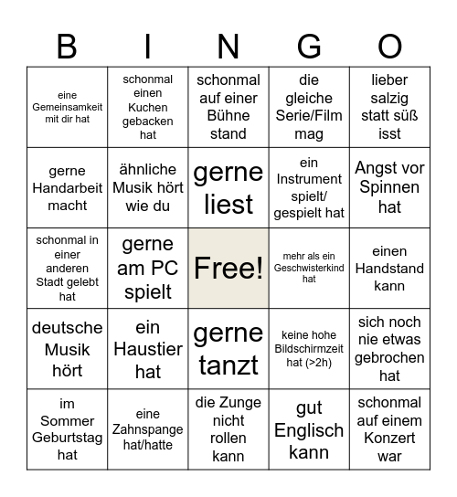 Finde jemanden der/die... Bingo Card