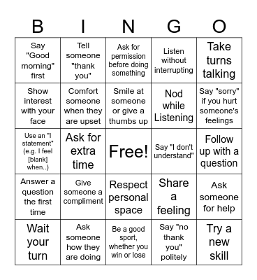 Social Skills BINGO Card