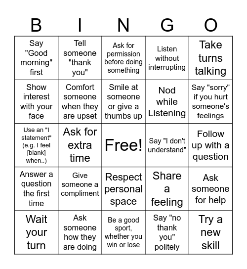 Social Skills BINGO Card