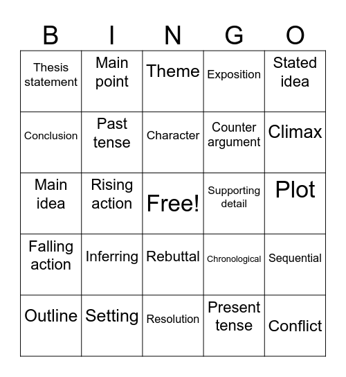 RLA Vocab Bingo Card