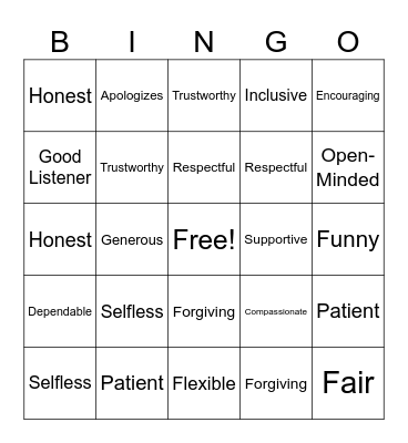 Friendship Bingo Card