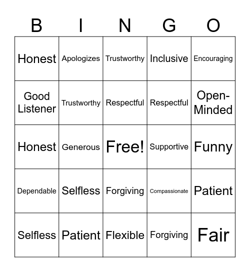 Friendship Bingo Card