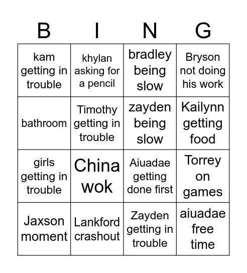1st Academic Bingo Card