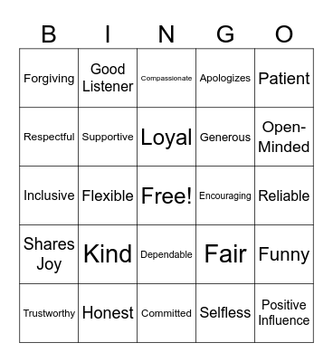 Friendship Bingo Card