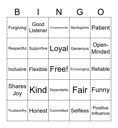 Friendship Bingo Card