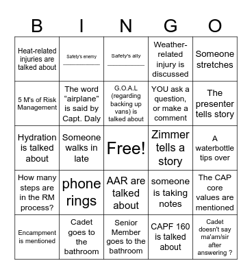 Safety Down/ Risk Managment Bingo Card