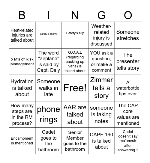 Safety Down/ Risk Managment Bingo Card