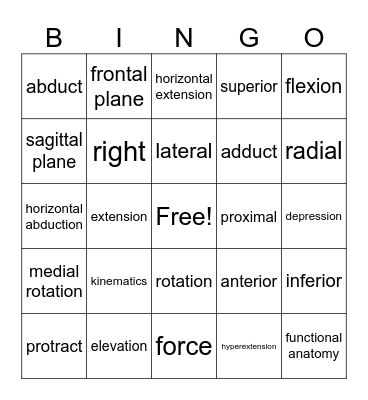 Biomechanics Vocabulary Bingo Card