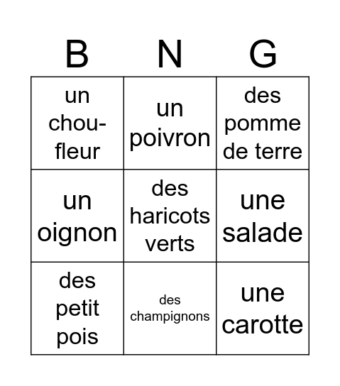 LES LÉGUMES Bingo Card