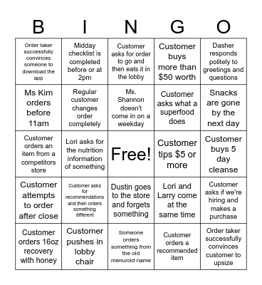 Clean Juice Bingo Card