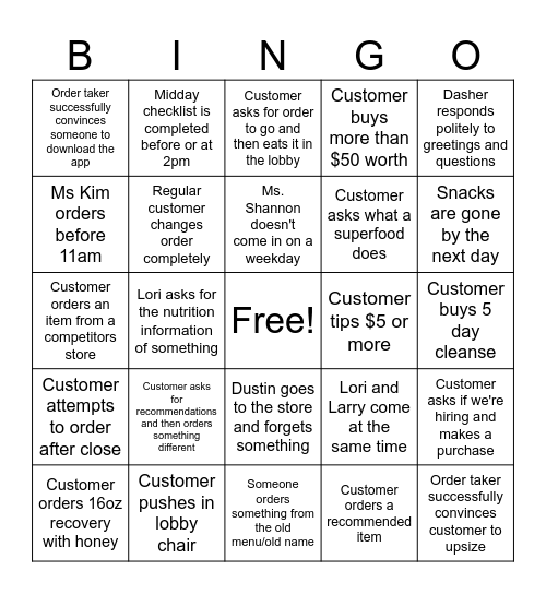 Clean Juice Bingo Card