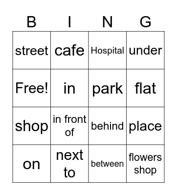 Places and prepositions Bingo Card