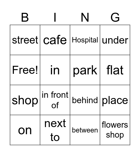 Places and prepositions Bingo Card