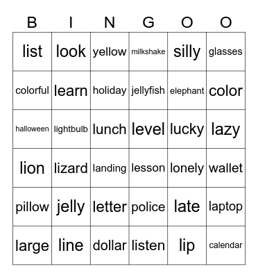 Initial and Medial L Bingo Card