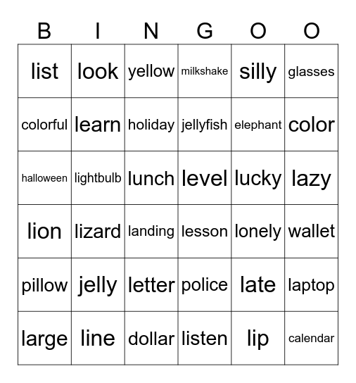 Initial and Medial L Bingo Card