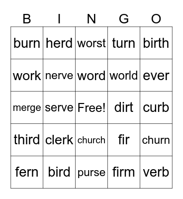 ER, IR, UR, W+OR LESSON 82 Bingo Card