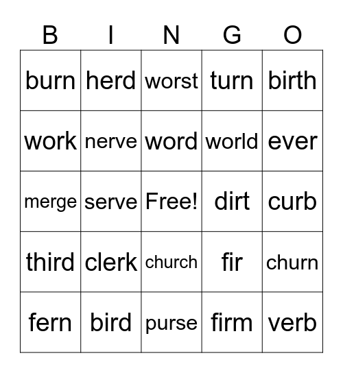 ER, IR, UR, W+OR LESSON 82 Bingo Card