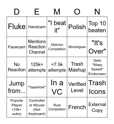 Daily Demonlist Reactions Bingo Card
