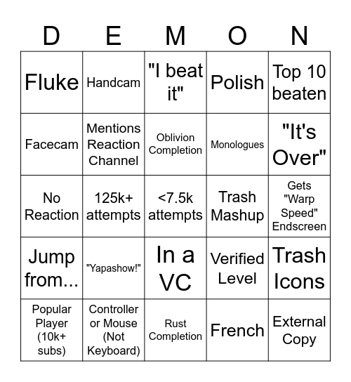 Daily Demonlist Reactions Bingo Card
