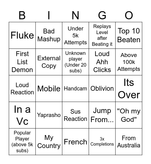DGDR Bingo Card