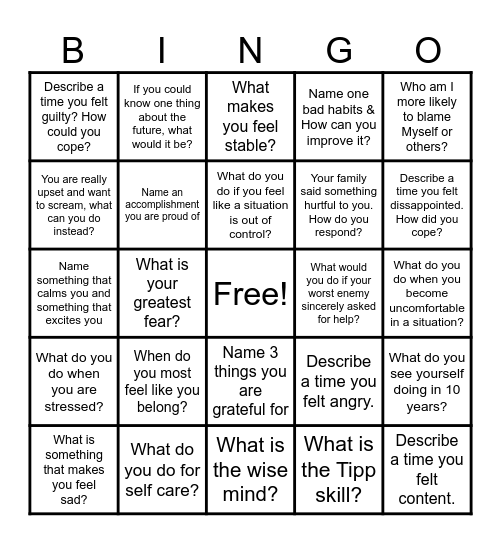 EMOTIONAL REGULATION Bingo Card