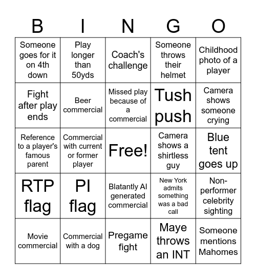 Superbowl Bingo Card