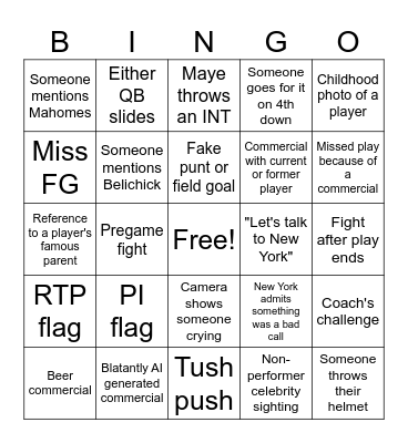 Superbowl Bingo Card