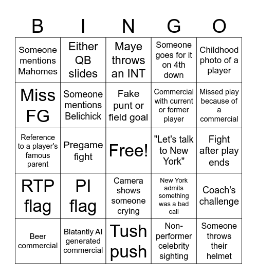 Superbowl Bingo Card