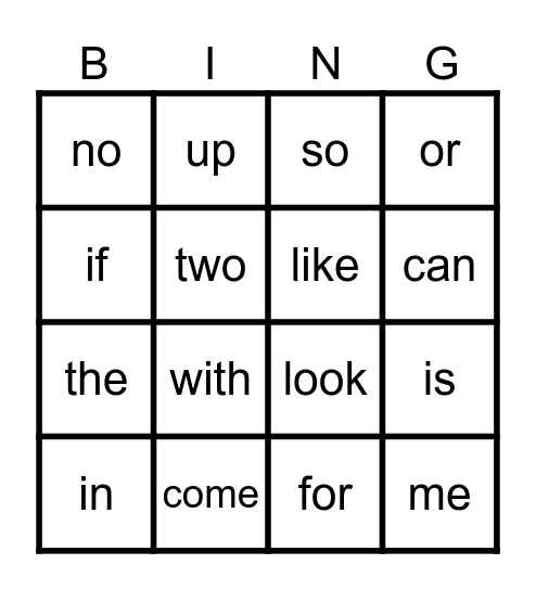 Sight Word Bingo Card