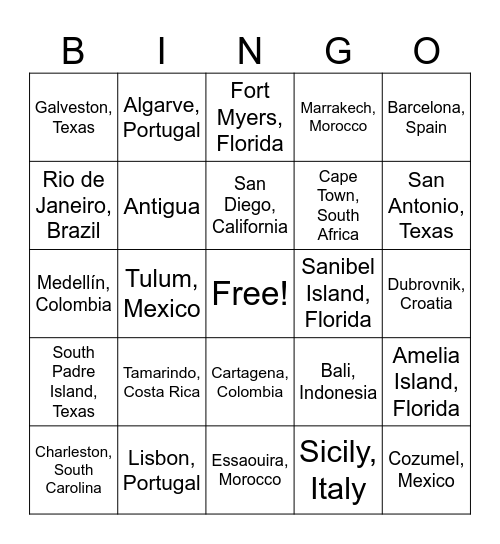 Warm Places to Travel Bingo Card