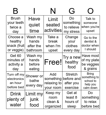 Healthy Habits Bingo Card
