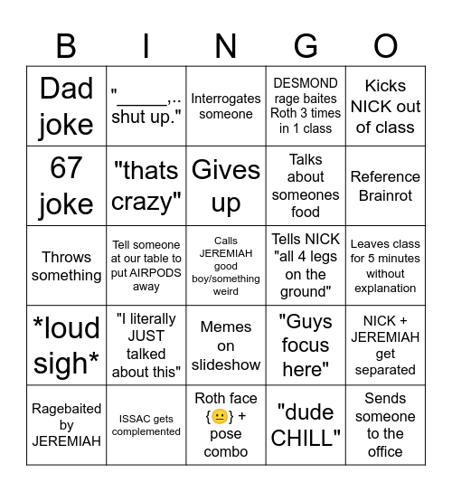 Roth 2nd Semester Bingo Card