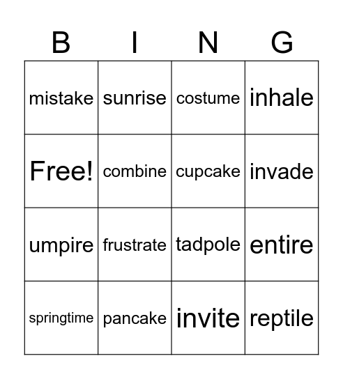 Two-Syllable Magic-e Words Bingo Card