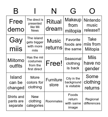 Tomodachi Life Direct Bingo Card