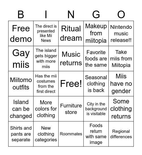 Tomodachi Life Direct Bingo Card