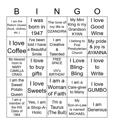 VIVIAN CRAIG CHIPHE'S BIRTHDAY Bingo Card
