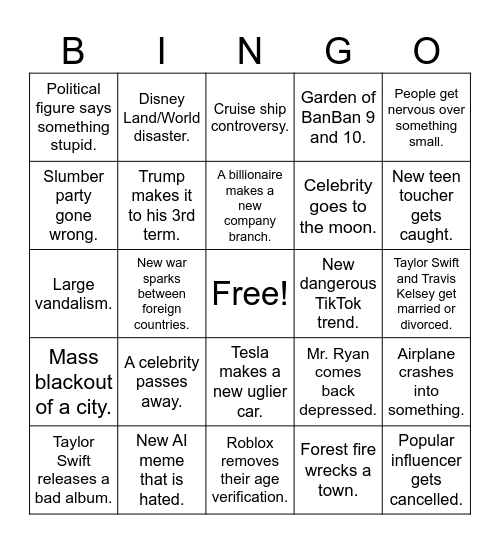 2026 Disaster BINGO Board Bingo Card