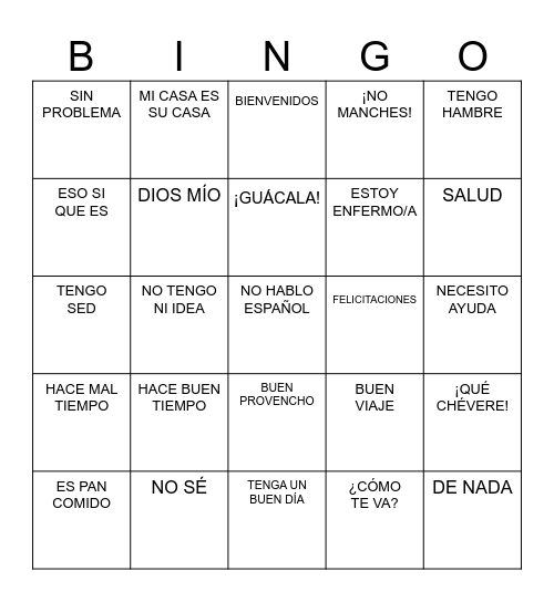 Fun Phrases Warm-Up Bingo Card