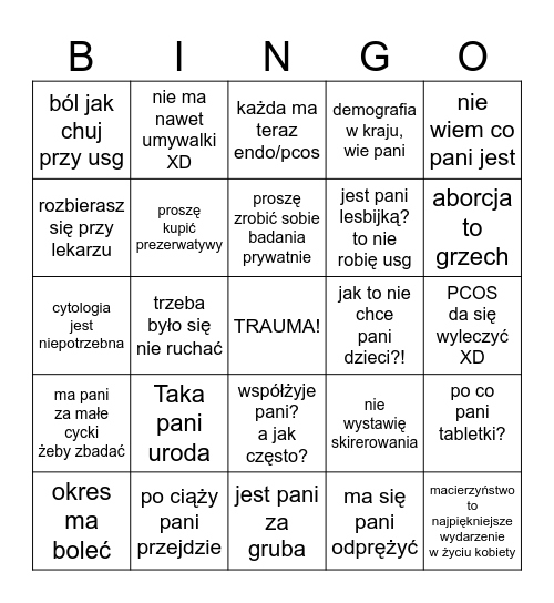Ginekolog Bingo Card