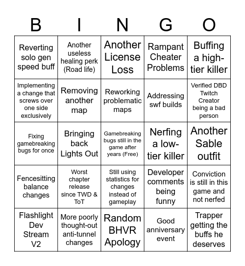 Dead By Daylight 2026 Bingo Card